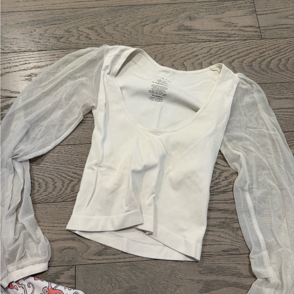 Free People White Blouse with Sheer Sleeves